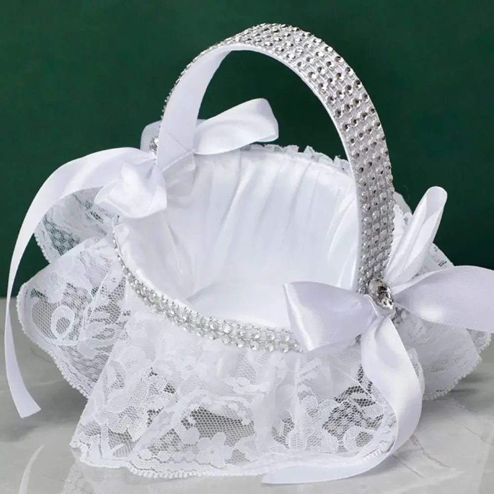 Simple White Flower Girls Basket Silk Hand Held Pearl Wedding Basket Bride Ceremony Party Decorations