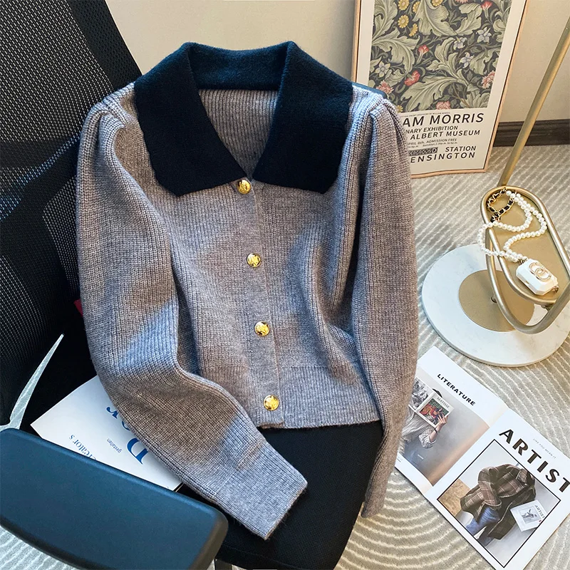 Women's Spring Autumn Sweater 2024 New Elegant Grey Lapel Long Sleeve Single Breasted Slim Fashion All-Match Short Coat