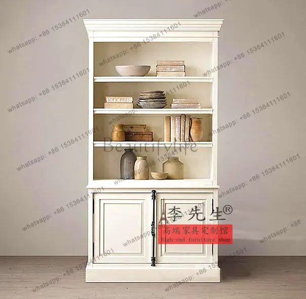 

European-style carved retro-made old oak bookcase, American-style rural antique ivory white bookcase