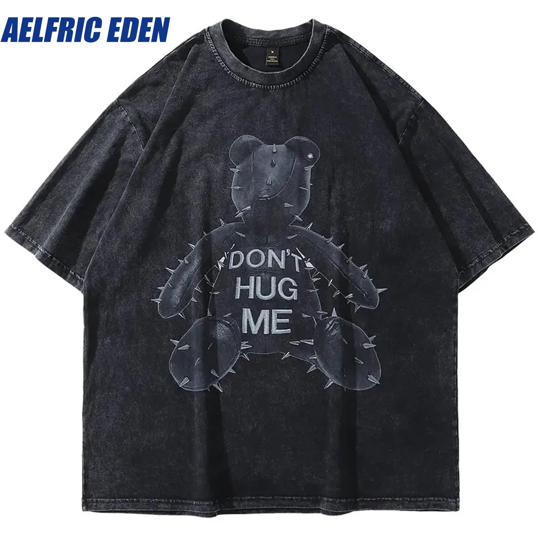 Aelfric Eden Bear Graphic Print Oversized Washed T Shirts Men Vintage Punk Tshirt Streetwear Hip Hop Harajuku Summer Loose Tops