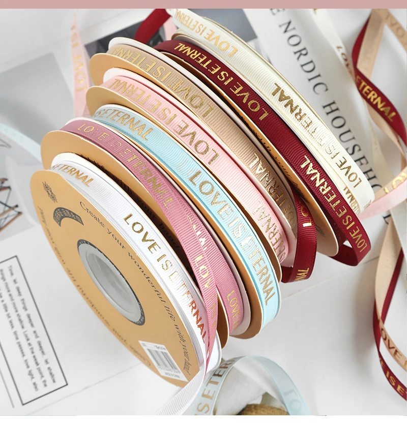 New 10mm Hot stamping LOVE thread ribbon satin ribbon ribbed ribbon DIY handmade bow gift baking
