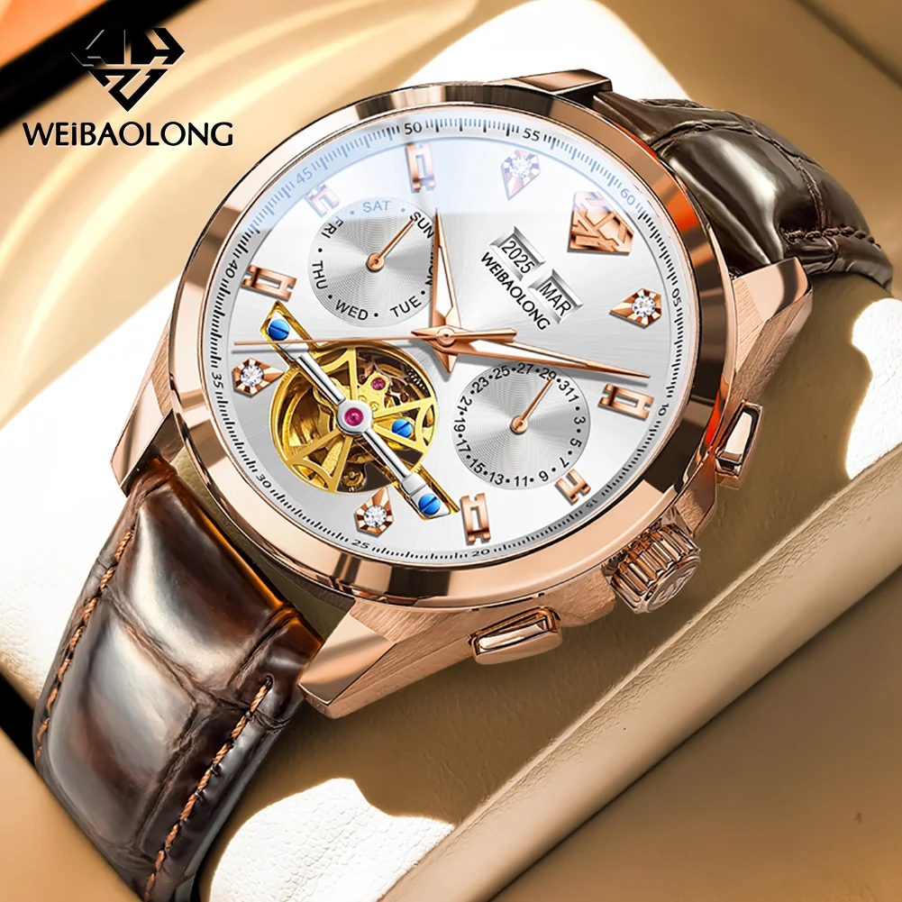 WEiBAOLONG Real Diamond Men's Watches TOP Luxury Genuine Leather Strap Skeleton Flywheel Automatic Mechanical Watch for Man 3806
