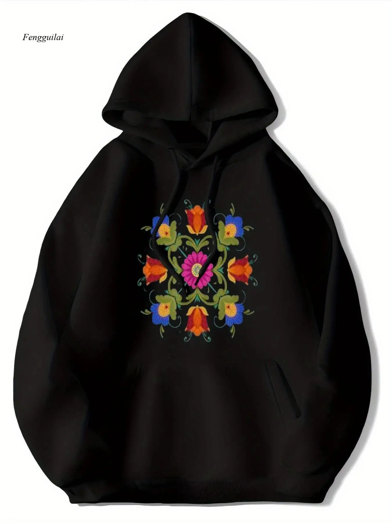 

Толстовка с цветочной вышивкой — пуловер унисекс с капюшоном, длинный рукав, повседневный свободный крой