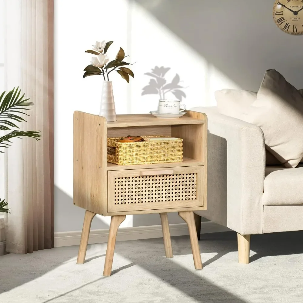 Rattan Nightstand, Boho Side Table with Drawer Open Shelf, Cane Accent Bedside End Table with Solid Wood Legs for Bedroo