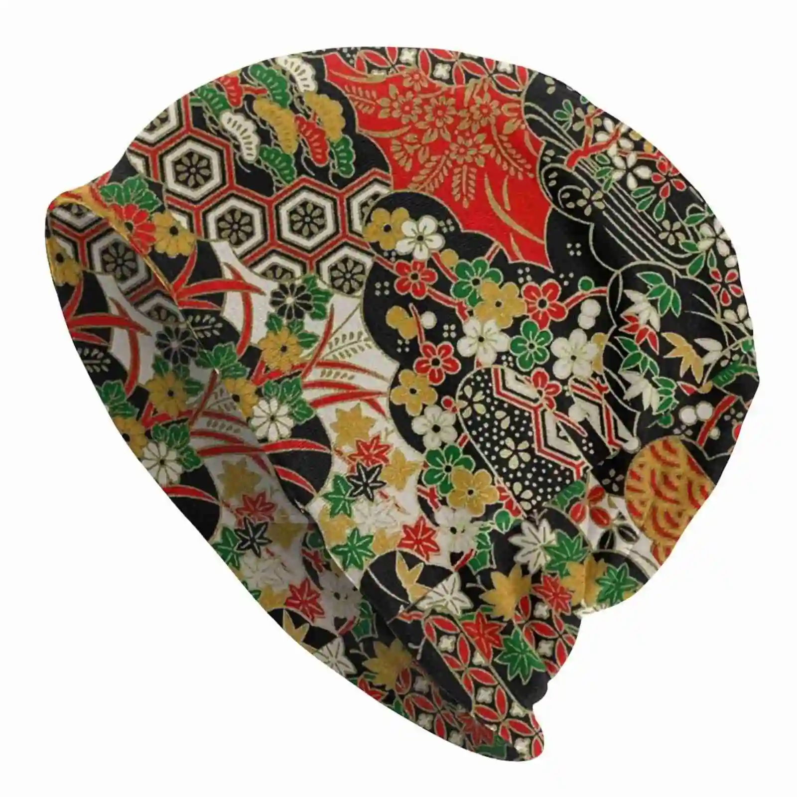 Traditional Japanese Pattern Knitted Hat Warm Beanie Outdoor Caps Red Lucky Japanese Aesthetic Sakura Cherry Blossoms Asian Fan