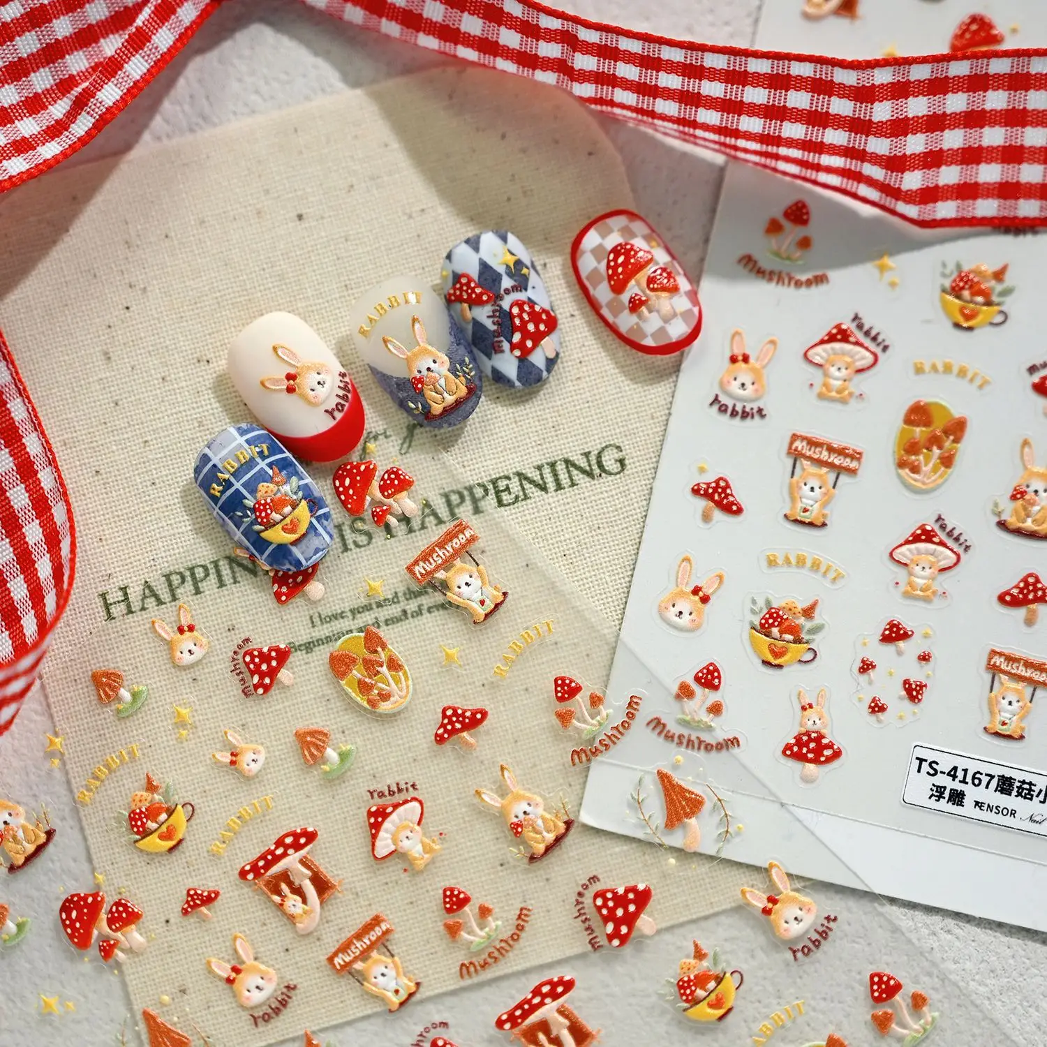 Bellissimo cartone animato fungo coniglio autunno 5D in rilievo autoadesivo adesivi per nail art simpatico coniglietto pigna foglia d'acero decalcomanie per manicure