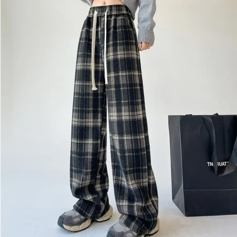 

Women Vintage Plaid Wide Leg Pants Autumn Winter Warm Velvet Straight Pants Loose Casual Sweatpant New High Waist Plaid Trousers