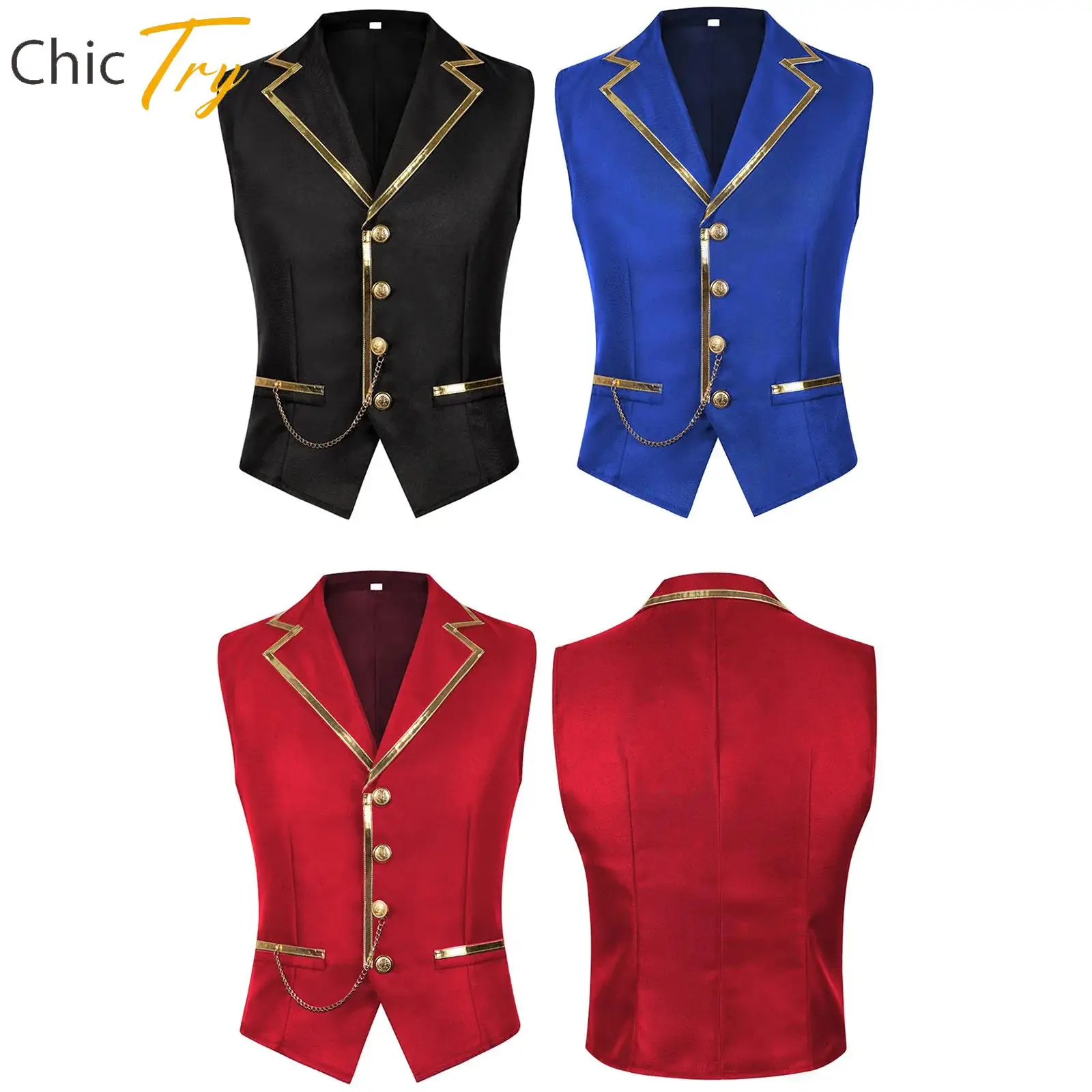 

Steampunk Vikings Adult Pirate Vest Metallic Shiny Trim Chain Decor Mens Costume Halloween Carnival Gothic Sleeveless Vest Tops