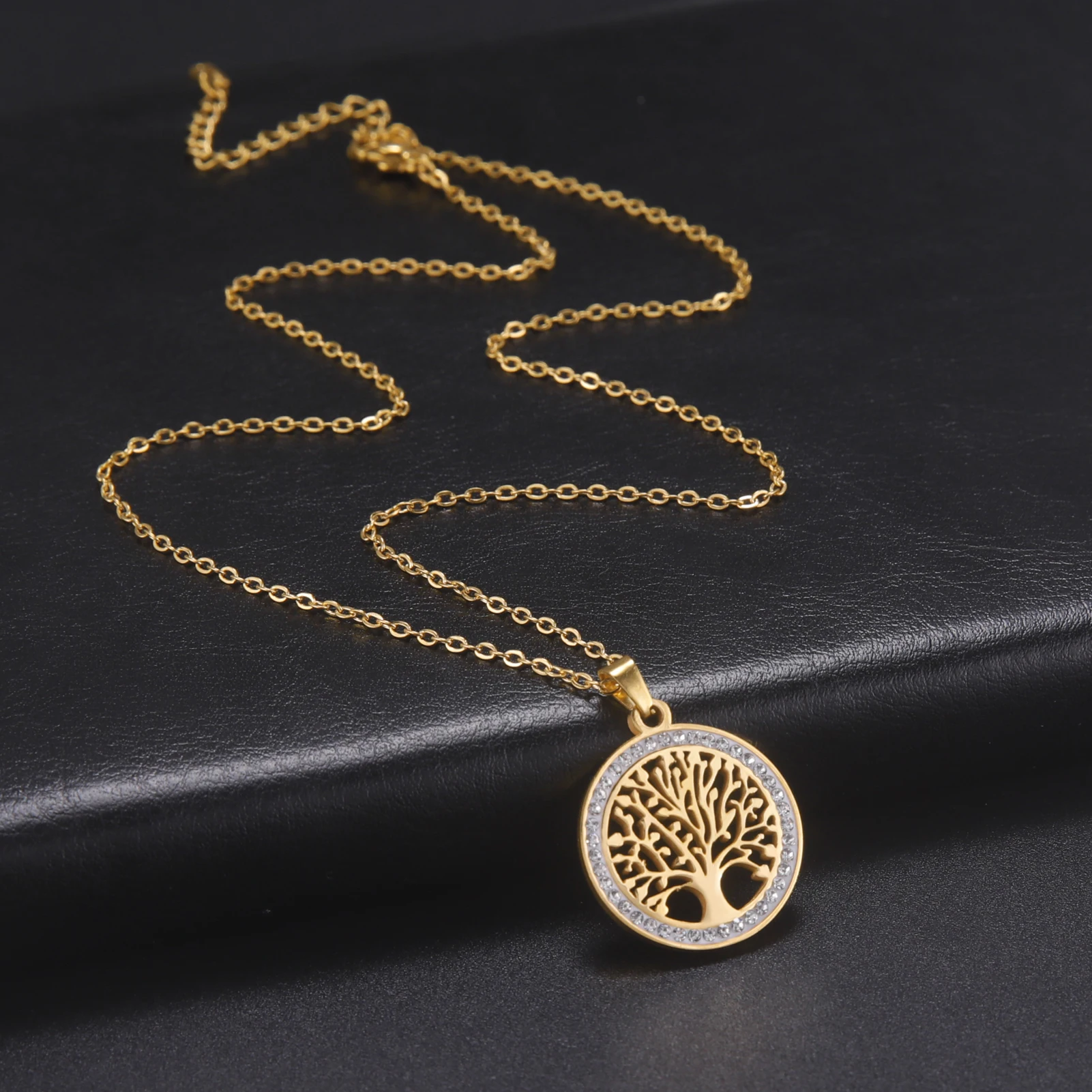 Skyrim Baum des Lebens Halskette für Frauen Edelstahl Gold Farbe Klar Zirkon Runde Anhänger Halsketten Luxus Hochzeitsgeschenk – Detail 8