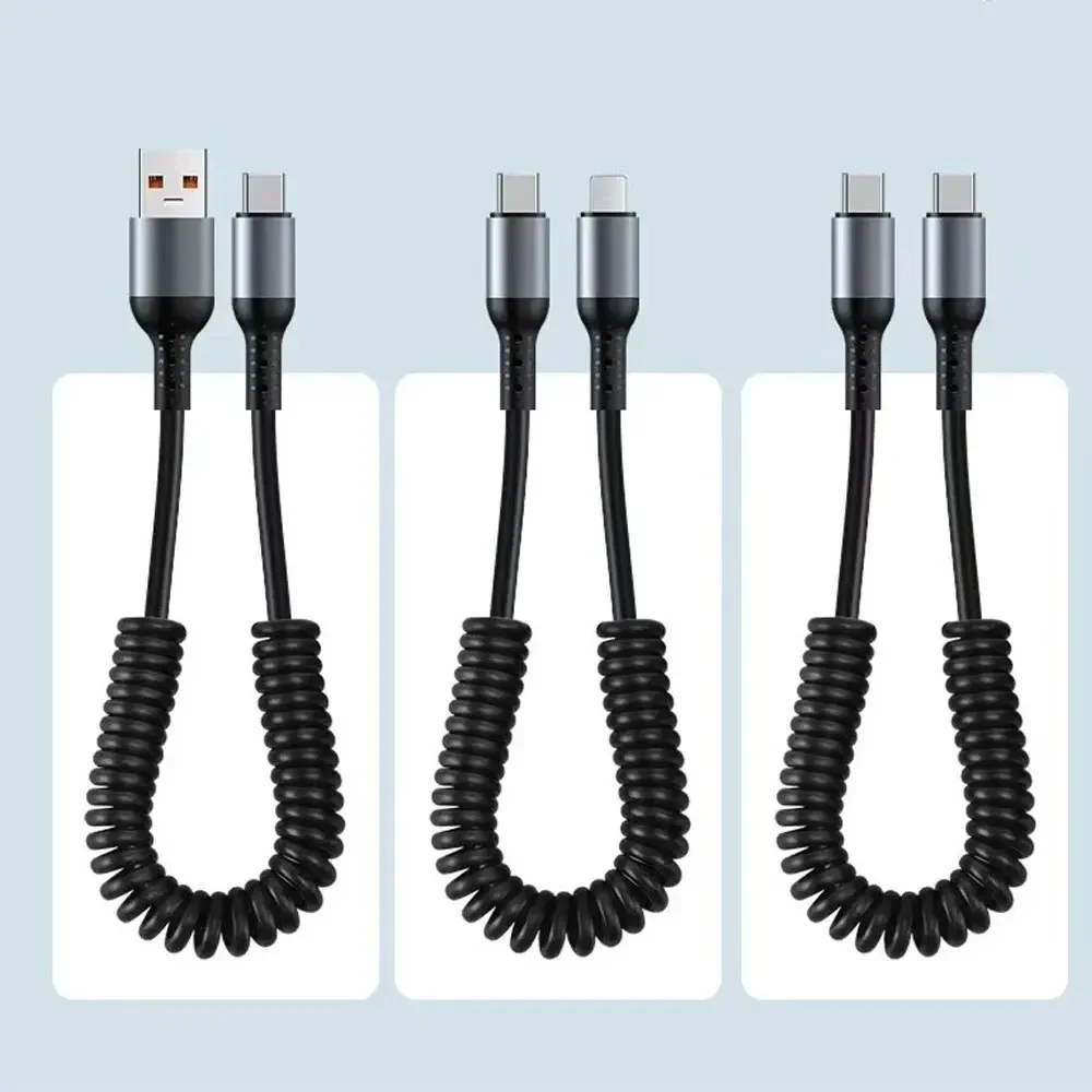 Retractable Spring Short Charging Cable 25CM To 1M Stable Transmission USB Type C Charging Cable for iPhone Car Power Bank
