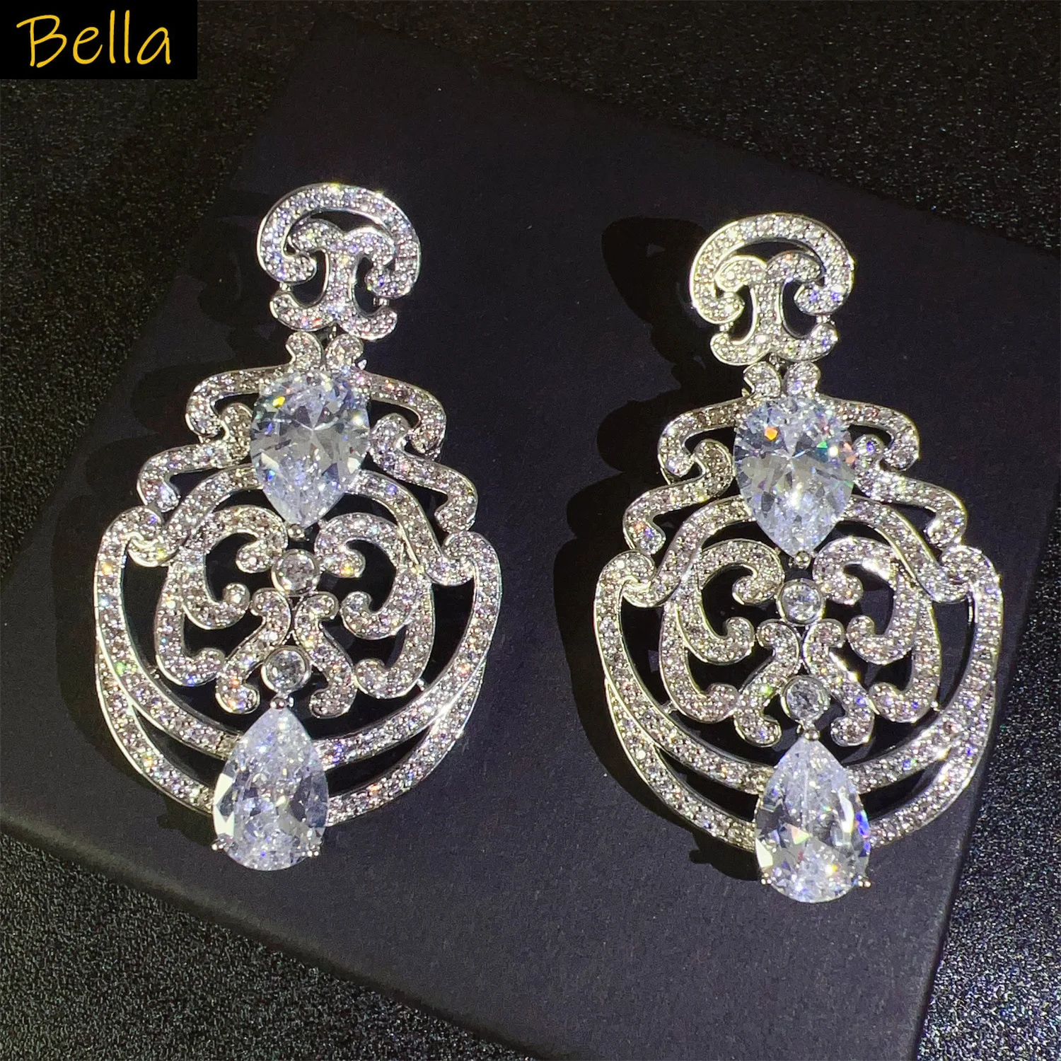 

Ornate cubic zirconia Chandelier dangle Earrings for women bride Wedding Evening Party Luxury Statement earrings Heavy-Crafted