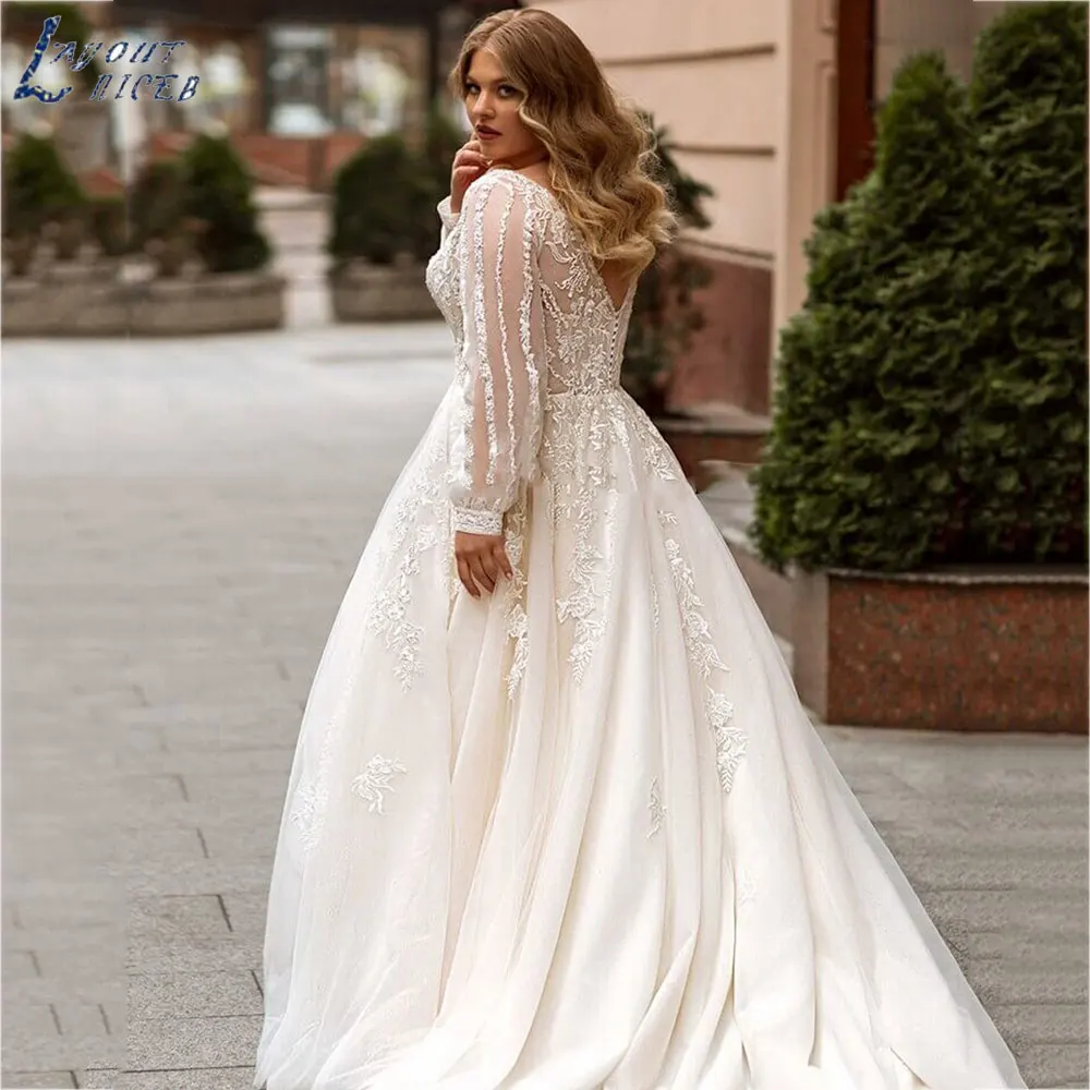 LAYOUT NICEB Vintage A-Line Plus Size Wedding Dresses Classic Long Puff Sleeves Bridal Gowns Backless Tulle Robe De Mariee 2024 image 2