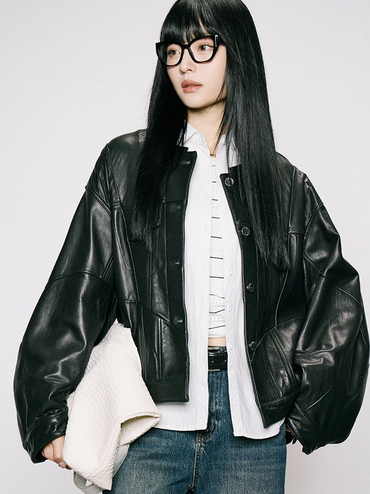 Casual Echtes Leder Jacken Frauen Frühling Herbst High-end-Einfache Stehkragen Einreiher Weiche Schwarz Echt Schaffell Mantel