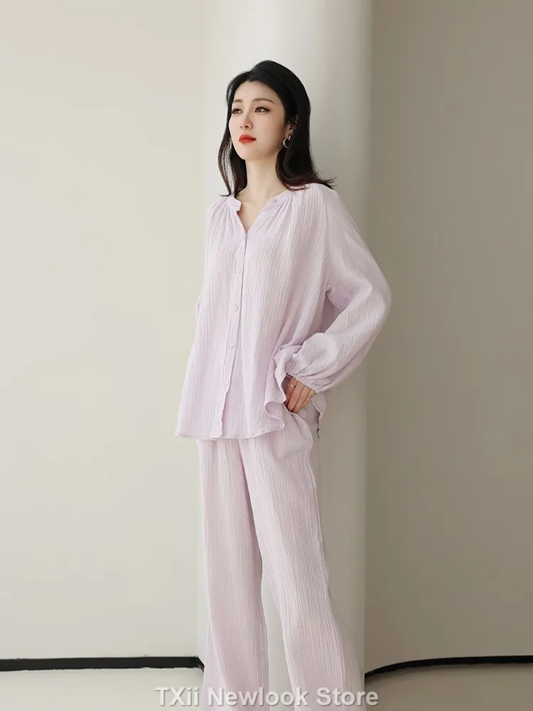 TXii Pajamas Women's Spring and Autumn Cotton Silk Long-sleeved High-end Sense Cotton Yarn Net Red Wind Outfit Home Clothes Suit