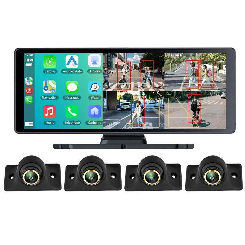 4채널 사각지대 BSD 알람 무선 애플 카플레이 안드로이드 오토 차량용 DVR 녹화 모니터 4개 AHD 1080P 미니 카메라 포함