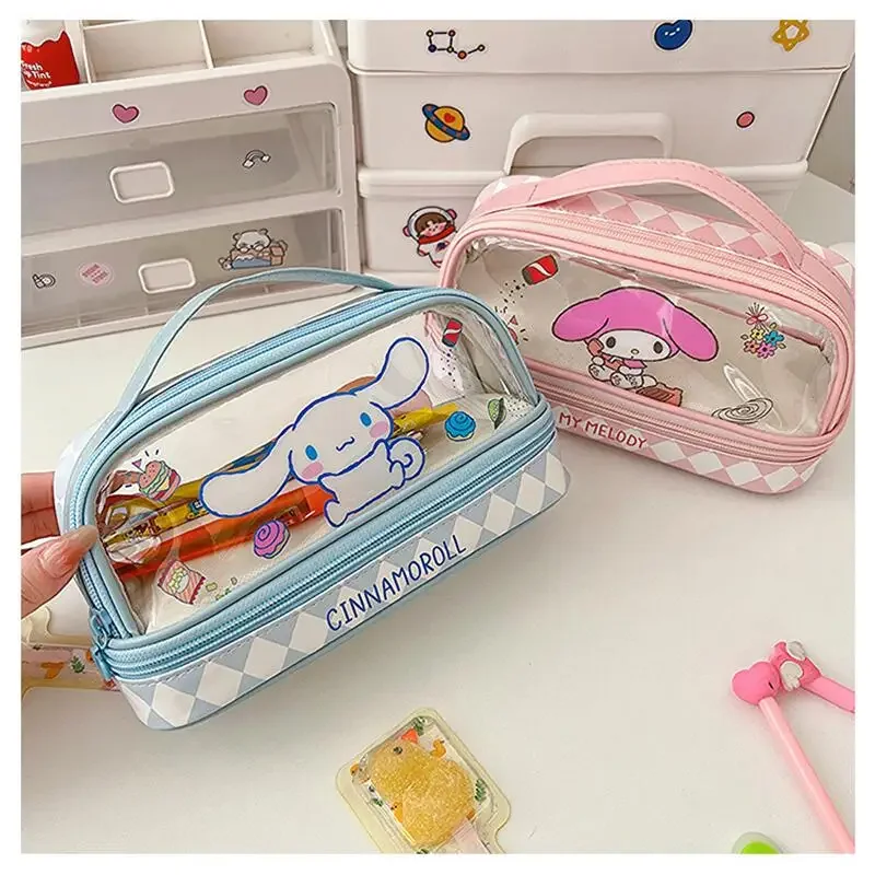 Sanrio Hello Kitty Portable Pencil Case Cute Anime Cartoon Kuromi Cinnamoroll Transparent Pencil Pouch Cosmetic Bag Child Gifts