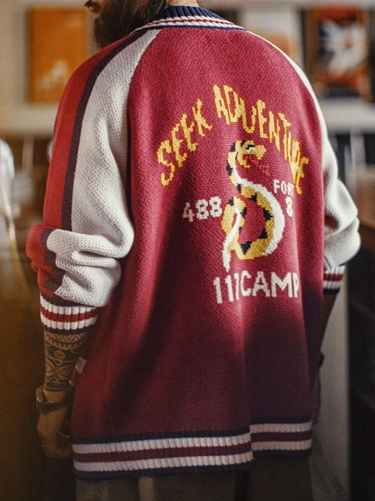 

Maden Workwear American Horizontal Mustache Embroidered Jaet Red Baseball Collar Men's Knitted Drapey Open Cardigan Outerwe...