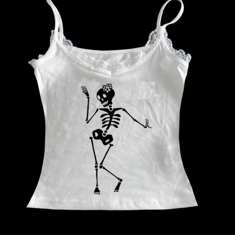 الصيف المرأة أزياء الشارع القوطية بروتيل أعلى رسمت باليد خمر الهيكل العظمي نمط المطبوعة سترة Y2k الملابس #3