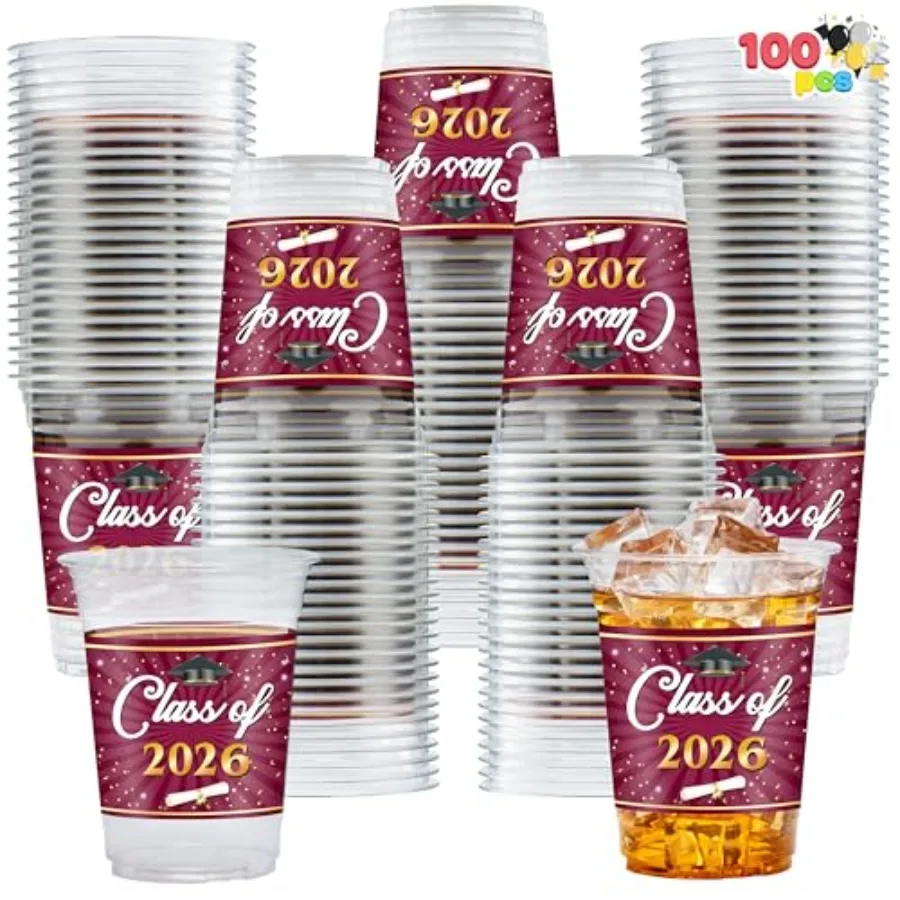 

100 Pcs 16oz Graduation Party Plastic Cups,Grad PET Cup Tableware Bulk for Class of 2026 Graduates, Disposable Cups for 2026 Hi