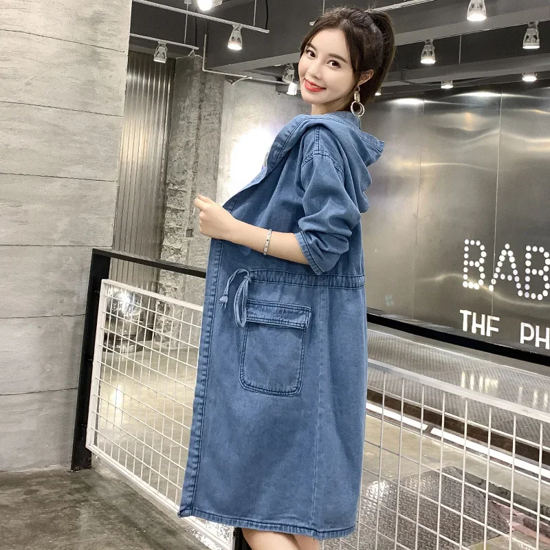 여성 데님 윈드브레이커 코트 후드 가디건 재킷 포켓 워시드 Y2K 하이웨이스트 아우터웨어 2025 가을 스트리트웨어 오버코트