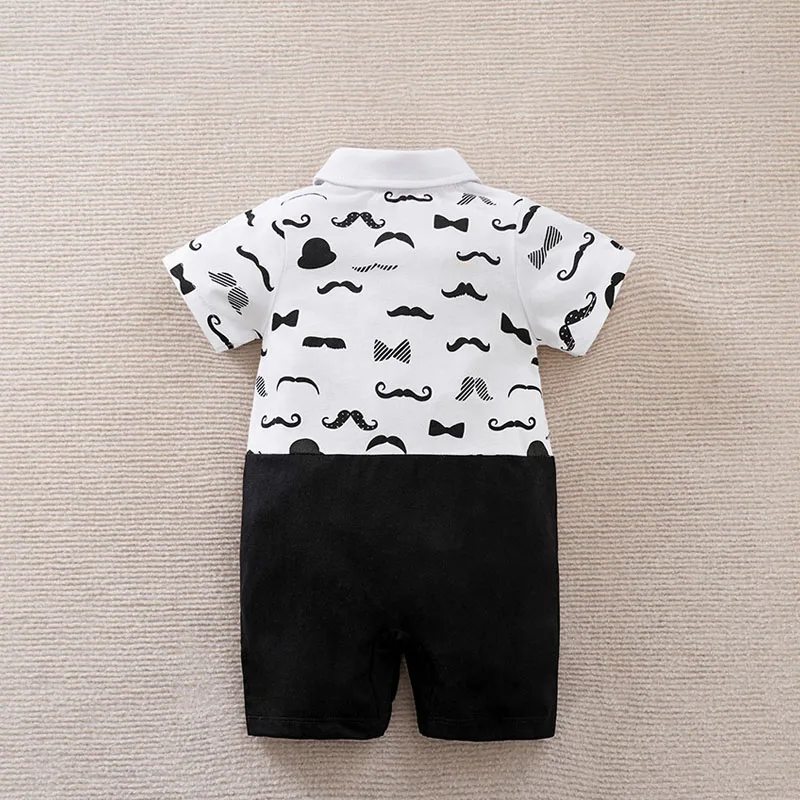 Newborn Baby Boy Toddler Clothing Jumpsuit Casual Cute Cartoon Fake Shoulder Strap Mustache Summer Black Short Sleeved Jumpsuit