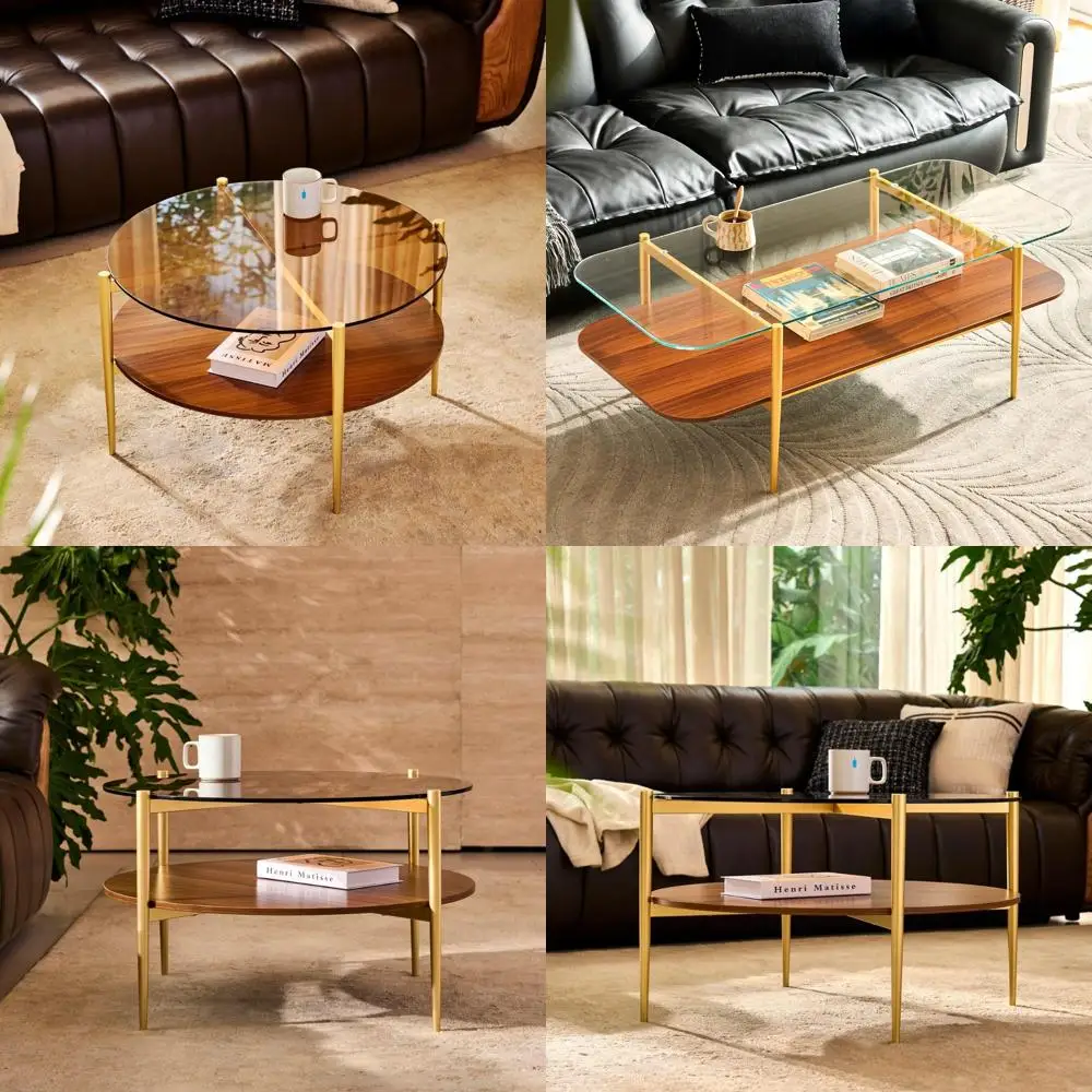 

Mid-Century Modern Round Glass Coffee Table with Gold Legs and Coffee Brown Walnut Top for Living Room