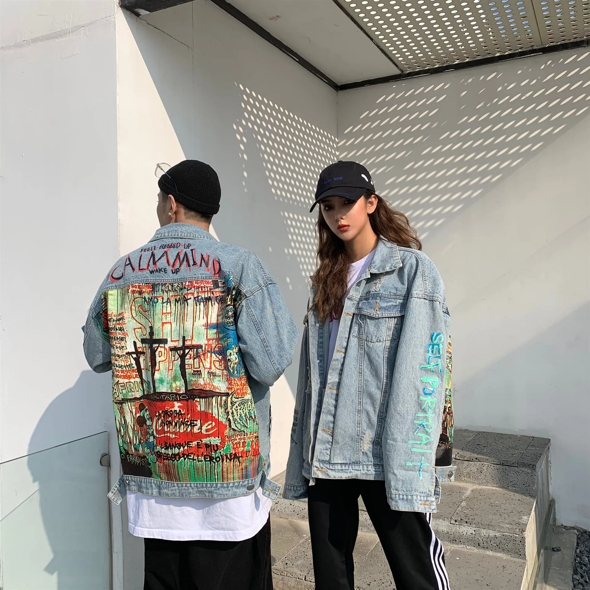 Thai trendy brand spring and autumn hip-hop loose European and American cross-border street couple graffiti denim jacket men and