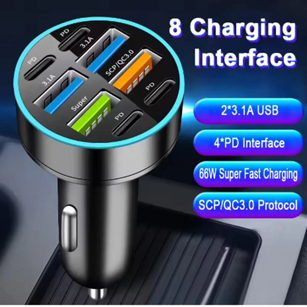

66W car charger PD QC3.0 USB C-type fast charging cigarette lighter plug 5-port digital voltage display iPhone Samsung