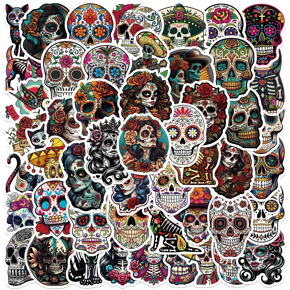 50PCS Mexico Day of the Dead Flower Skull Stickers Day of the Dead DIY Stickers Scrapbooking Phone Luggage Skateboard Waterproof