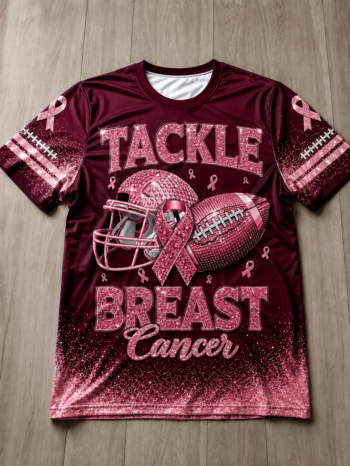 New Tackle Breast Cancer Awareness Unisex Crew Neck Tee, 3D Print Short Sleeve Tee, Casual Top for Sports Watch Party Daily Wear