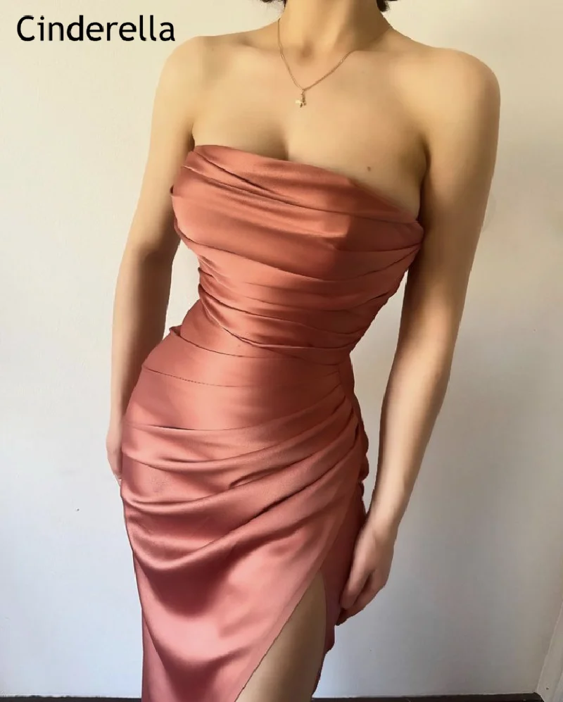 Sexy Prom Dresses Strapless Sleeveless Mermaid Side Slit Satin Prom Dresses With Lace Up Back vestidos de fiesta de noche Newest