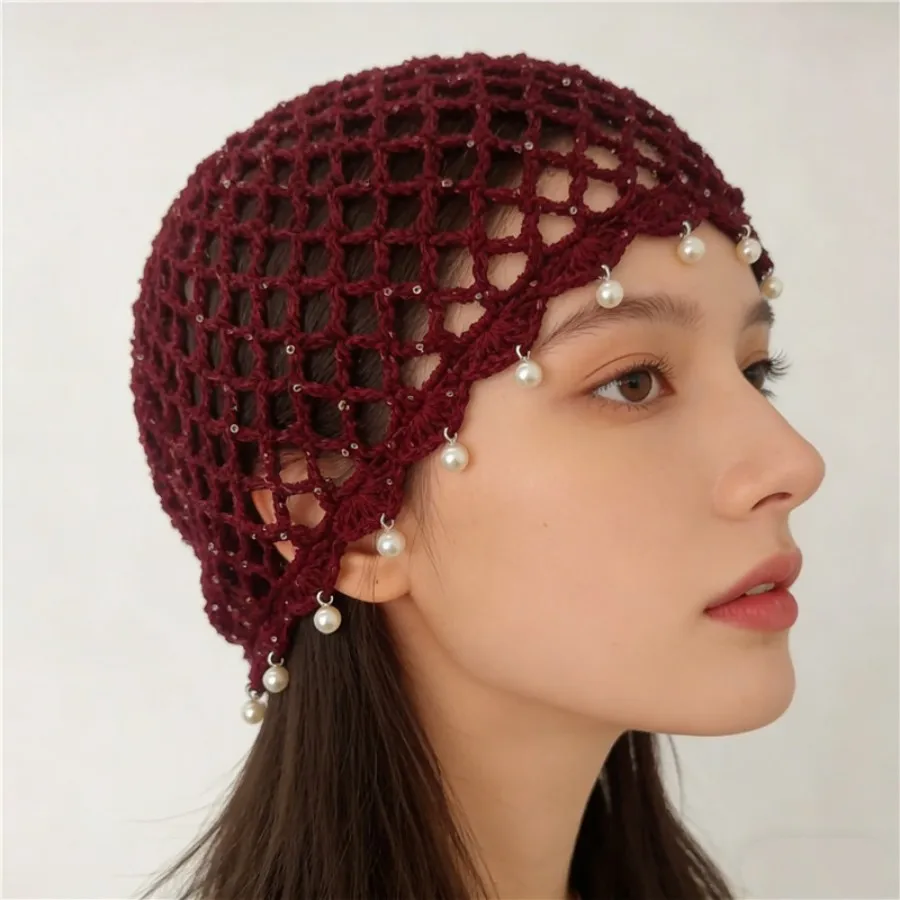 Hand-Woven Hollow-Out Headgear for Women Summer Breathable Artistic Versatile Pullover Hat with Sequins and Pearls, Knitted Hat image 6