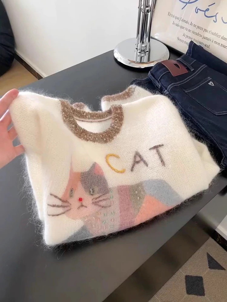 

Korean Style Cartoon Soft Knit Sweater for Women 2025 Autumn New Long Sleeved Short Pullovers Sweet Cat O-Neck Knitwear Tops