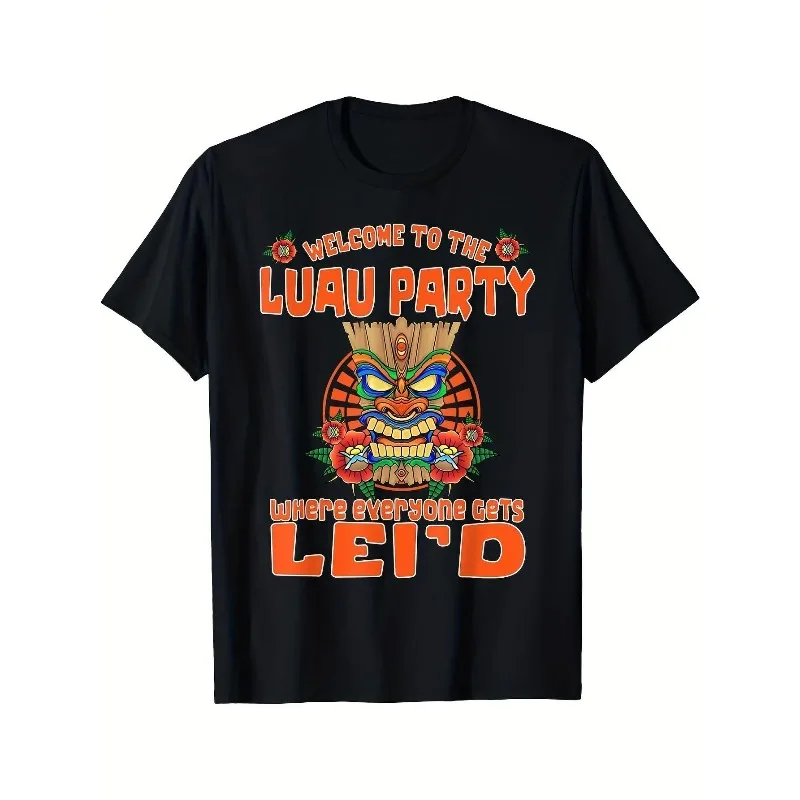 

Luau Party Shirt for Men Funny Hawaiian Tiki Mask Graphic Tee Beach BBQ Outfit Tropical Vacation Gift Summer Holiday Top