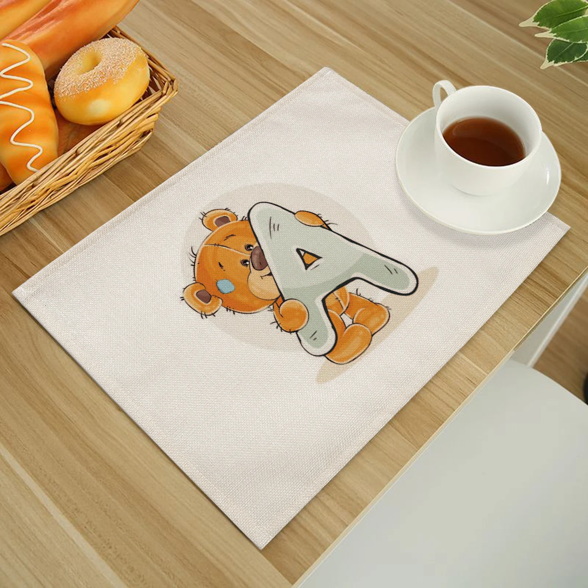 Podkładka kuchenna Cute Cartoon Animal Bear dla dzieci Dzieci Alfabet angielski A-Z Drukuj Bawełniane lniane maty stołowe Coaster