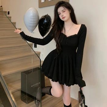 Image Women Sexy Korean Dress French Style Waist Closed Long Sleeve Collarbone Exposed Sweet