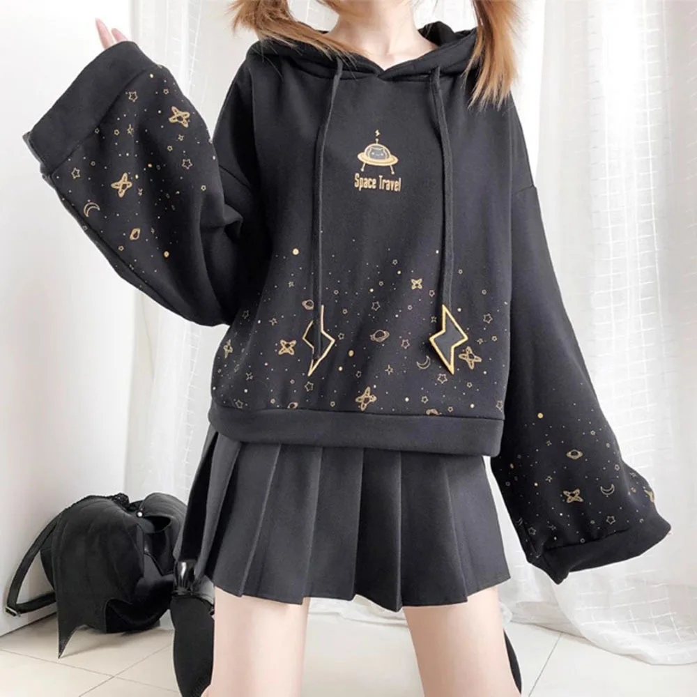 Winter Women Cartoon Embroidery Fleece Hoodies Sweatshirts Casual Flare Sleeve Hoodies Top Female Casual Warm Hooded Pullover