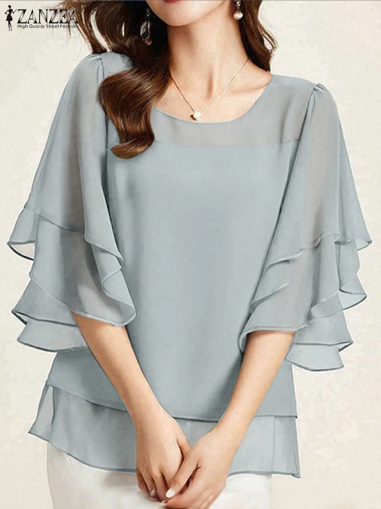 ZANZEA mode chemisier en mousseline de soie femmes couleur unie hauts tunique 2025 automne 3/4 manches chemises à volants décontracté bureau dame hauts élégants
