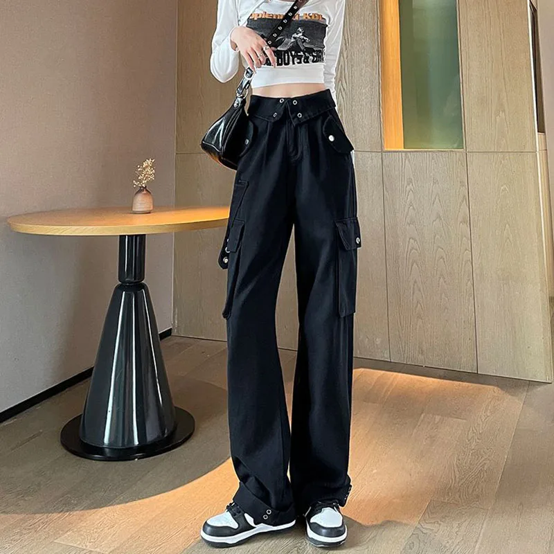 Flanging Breasted Multi-Pocket Tooling Jeans Women's Spring  Autumn New High Waist Straight Leg Pants Lazy Style Wide Leg Pants