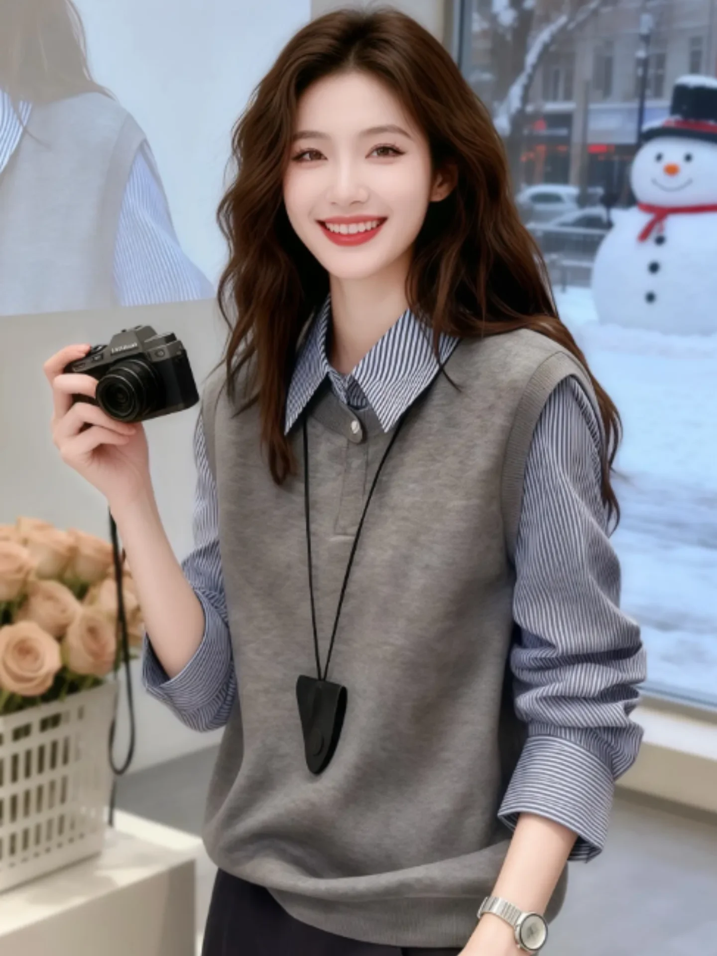 

Women's Knitted Vest Spring Autumn High-End Feel ay Splicing Turn-down Collar Striped irt Top Design Sense Color Colio...