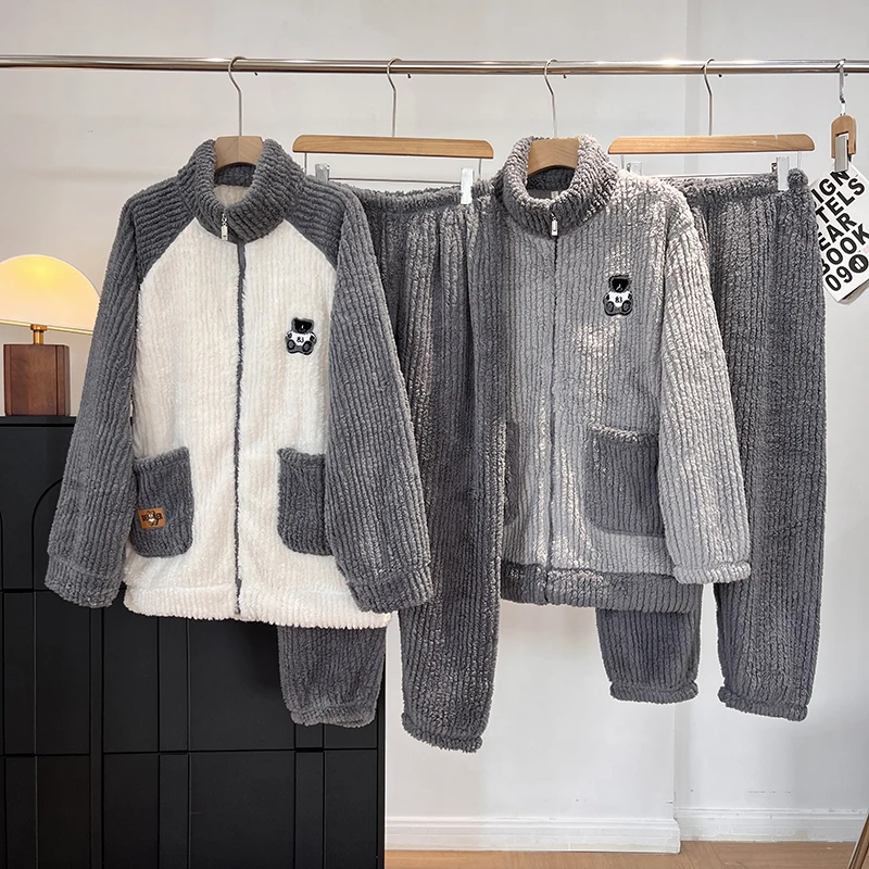 

Men's Winter Sleepwear Thickened Coral Fleece Zipper Warm Flannel Home Clothes Set Youth Style Long Sleeve Stand Collar Pajamas