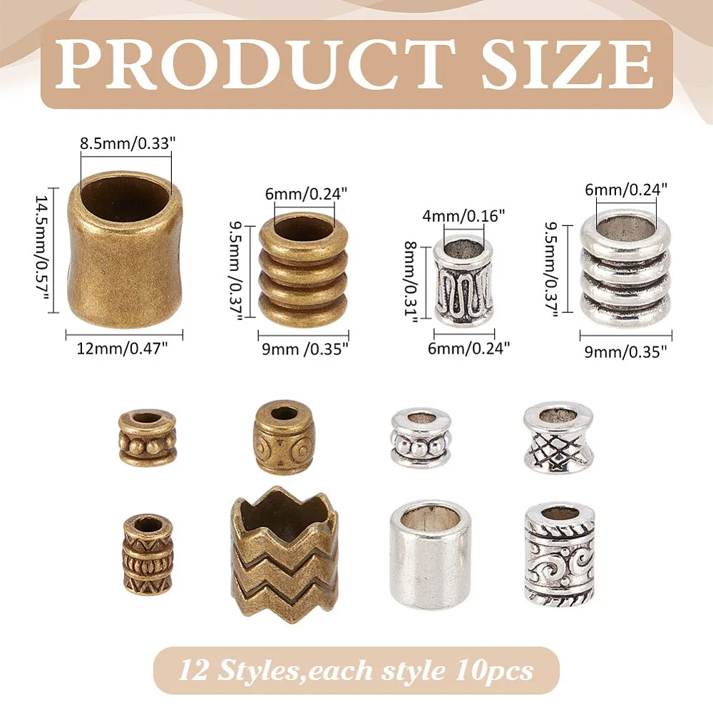 120Pcs 12 Styles Style Alloy Beads Column Mixed Color 6~14.5x4.5~12mm Hole: 2~9mm 10pcs/style