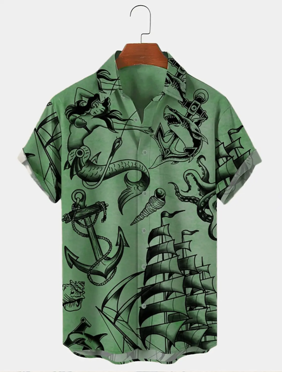 Camisa de manga corta con estampado gráfico de tiburón sirena para hombre, ropa de moda con botones, ancla, ropa de calle al aire libre