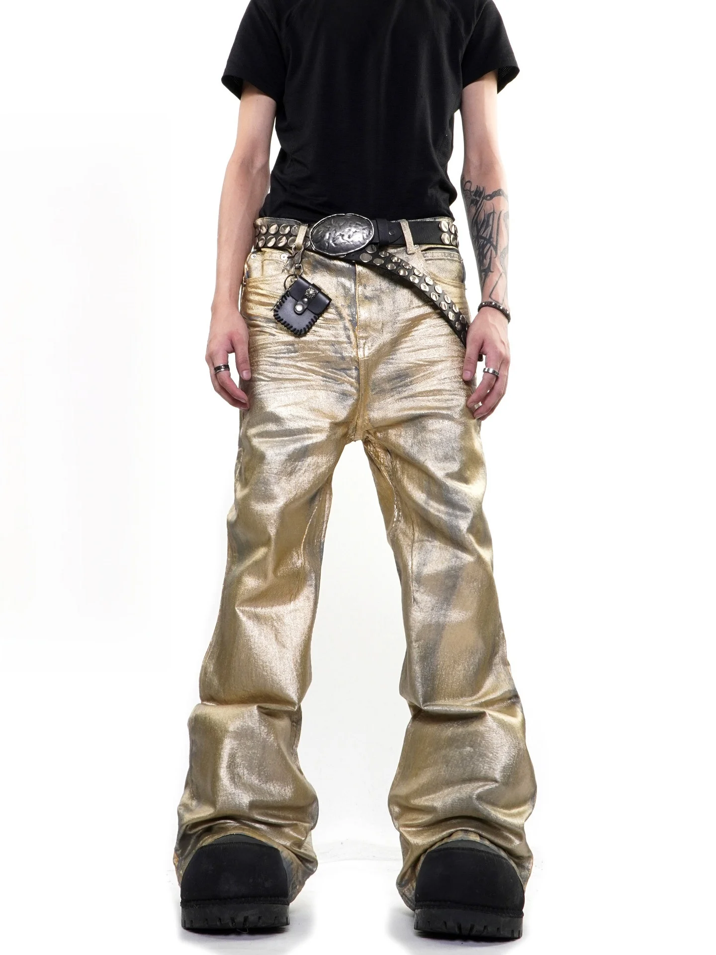 Calças Jeans Flare Unissex de Alta Qualidade com Revestimento Dourado e Detalhes em Relevo, Modelo Solto e Longo, Estilo High...