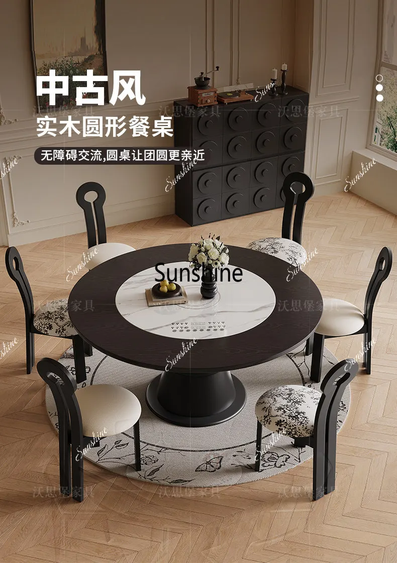 Solid wood large round dining table with electric turntable embedded in high-end medieval small apartment living room