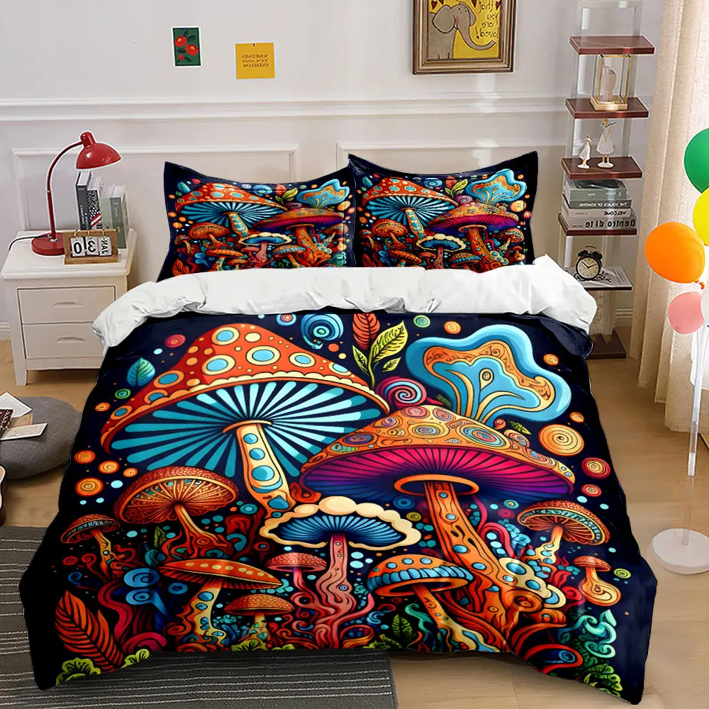 Vibrant Artistic Mushroom Illustration Print Bedding set 3PC 1 duvet cover 2 pillowcases adult and children bedding set