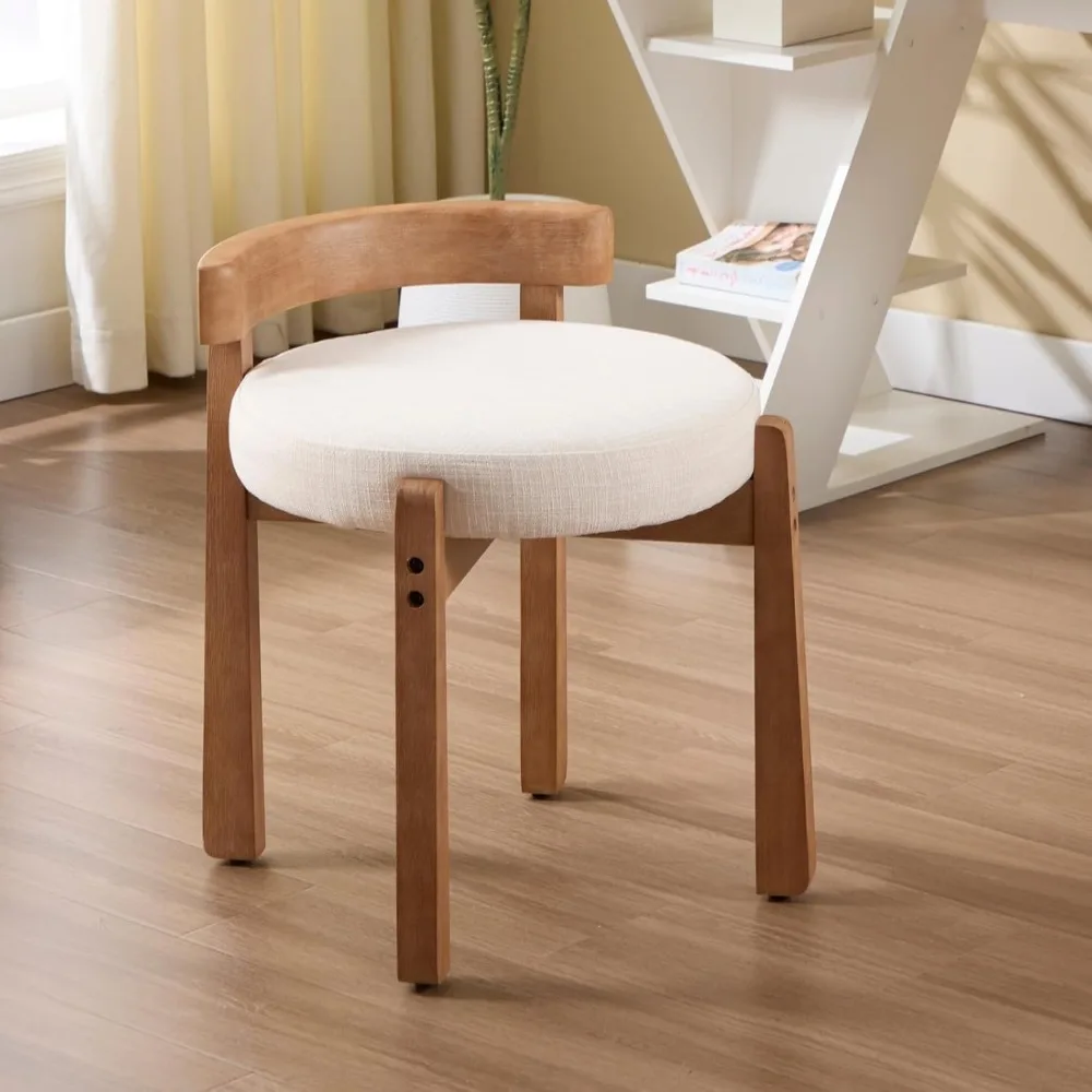 

Wood Vanity Chair with Back, Linen Upholstered Small Ottoman Footstool, Mid-Century Modern Makeup Chair with Solid Wood Legs