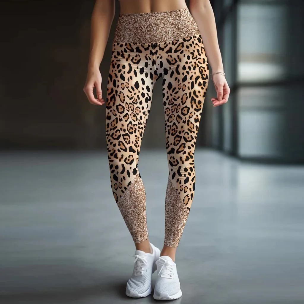 Leopard-print patchwork print tight stretch waist casual leggings for women