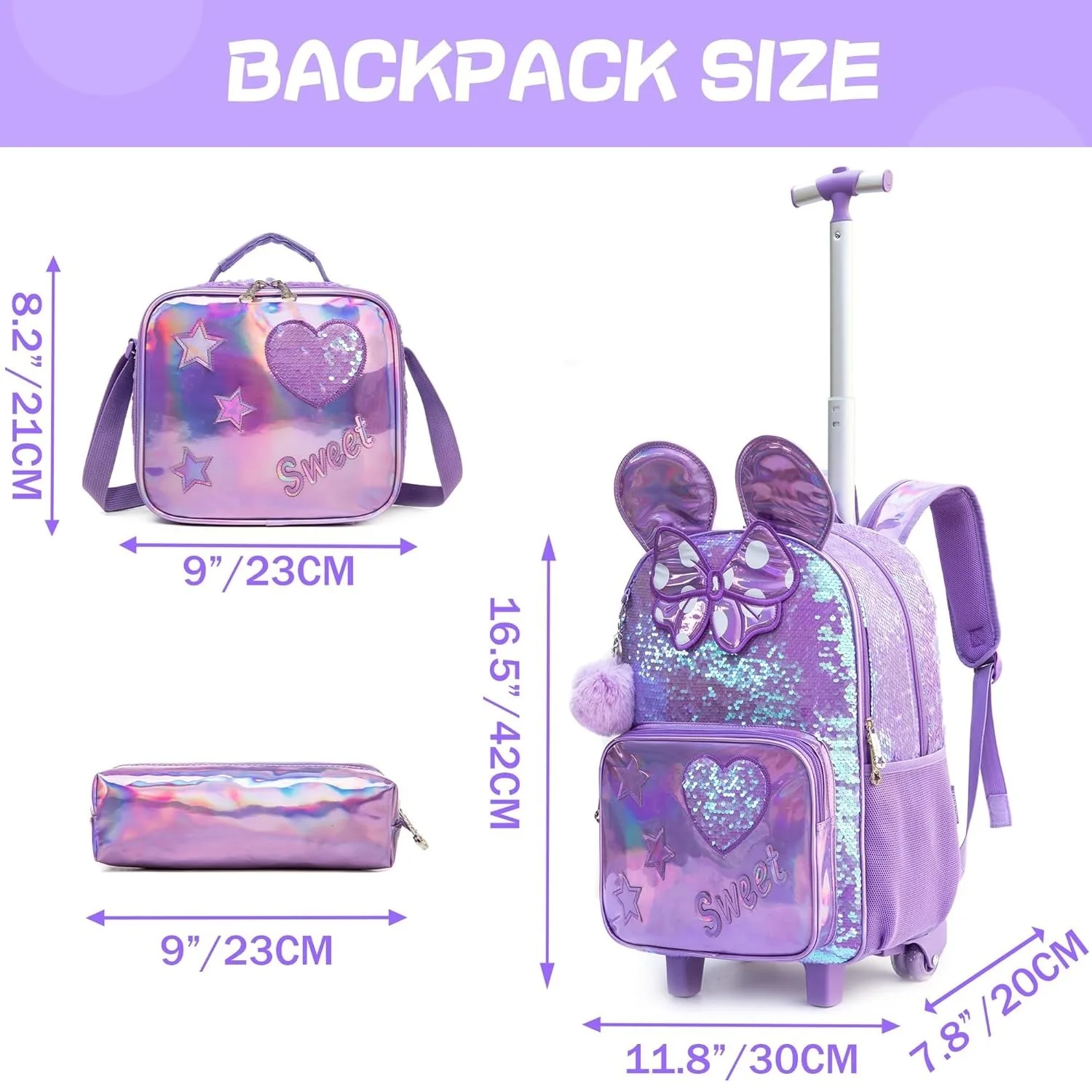 3PCS Nette Pailletten Mädchen Roll Rucksack Primäre Kind Schule Rucksäcke Mädchen mit Rädern Zurück zu Schule Taschen für Kinder gepäck