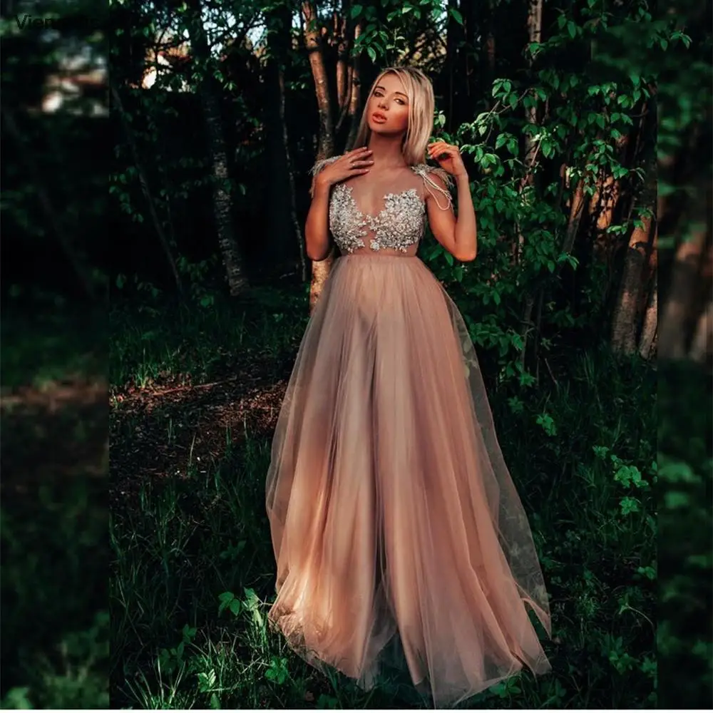 بوهو الشمبانيا فستان سهرة على شكل حرف a على شكل حرف v دانتيل مزين بالخرز كم كاب بدون ظهر شيفون طول الأرض فستان حفلات جديد